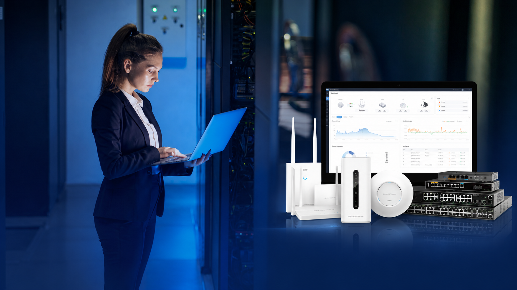 Administración de red GDMS de Grandstream en laptop, junto a Access Points, Routers y Switches de la Serie GWN